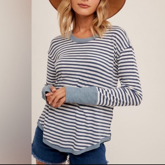 Jones New York Blue Stripe Long Sleeve Drawstring Waist Crewneck Top Tee Sz M - Picture 2 of 14